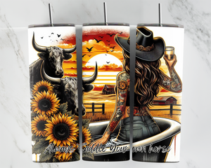 Always Saddle Your Own Horse - Girl with Hat, Sunflowers and Cows - 20oz Tumbler