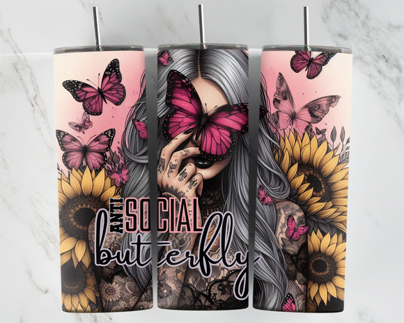 Anti Social Butterfly - Girl with Pink Butterflies and Sunflowers - 20oz Tumbler