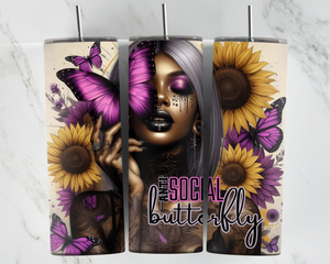 Anti Social Butterfly - Girl with Purple Butterflies and Sunflowers - Design 2 - 20oz Tumbler