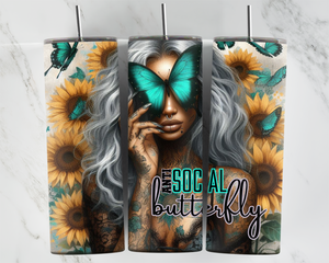 Anti Social Butterfly - Girl with Teal Butterflies and Sunflowers - 20oz Tumbler