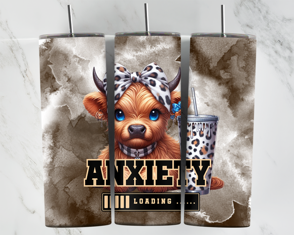 Anxiety Loading - Baby Highland Cow with Leopard Print - 20oz Tumbler