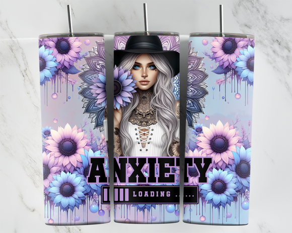 Anxiety Loading - Girl with Purple and Blue sunflowers - 20oz Tumbler