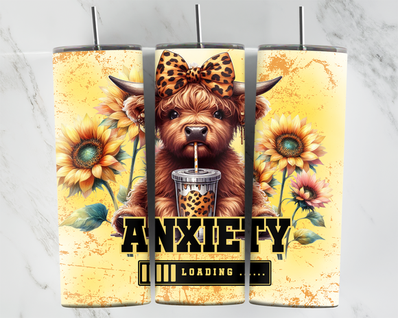 Anxiety Loading with baby highland cow and sunflowers - Yellow - 20oz Tumbler