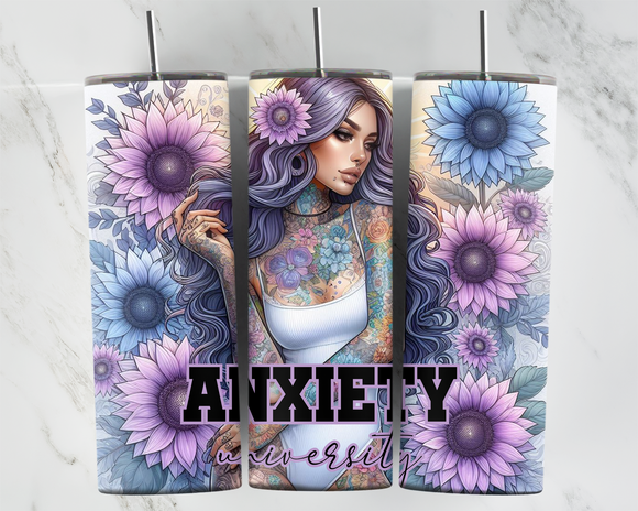 Anxiety University - Girl with white Bodysuit - Purple and Blue - 20oz Tumbler