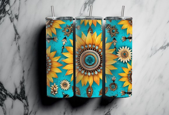 Aztec Turquoise and Sunflowers - 20oz Tumbler