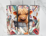 Baby Highland Cow in Bucket with feathers - 20oz Tumbler