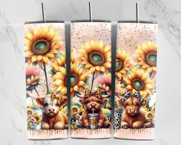 Baby Highland Cows x3 with Sunflowers - Orange, Yellow - 20oz Tumbler