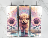 Baby Highland cow with mandala and sunflowers - 20oz Tumbler