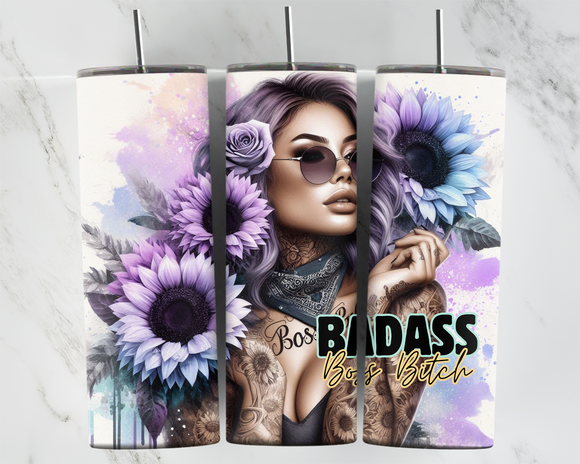 Badass Boss Bitch - Girl with Tattoos and Sunglasses - Purple - 20oz Tumbler