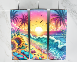 Beach Sunset with thongs, shells, sunflowers and palms - 20oz Tumbler