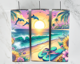 Beach sunset with Thongs, dolphins, and sunflowers - 20oz Tumbler