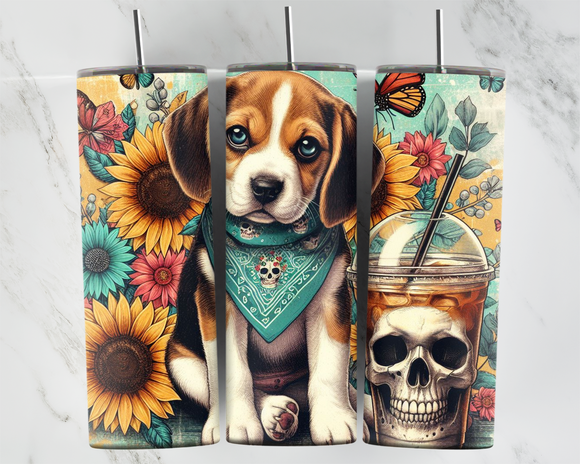 Beagle Puppy with drink and sunflowers - 20oz Tumbler