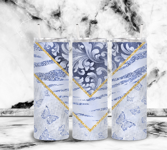 Blue Butterfly V Split with gold - 20oz Tumbler