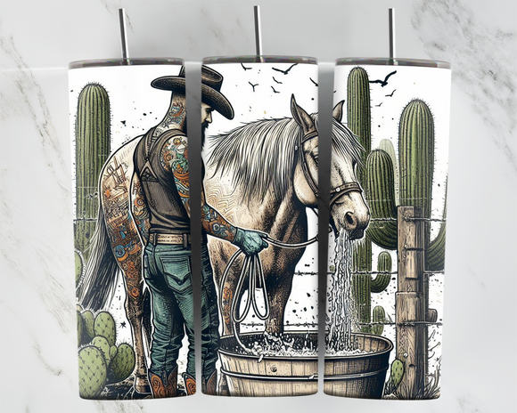 Cowboy with Tattoos with horse and cactus - 20oz Tumbler