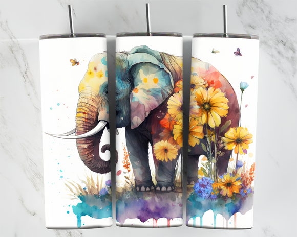 Elephant with Flowers - Water Colour - 20oz Tumbler