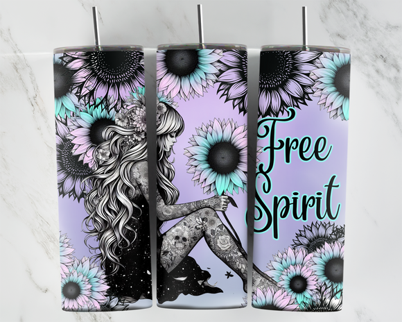 Free Spirit - Boho Girl with sunflowers - 20oz Tumbler