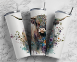 Highland Cow - Floral - Water Colour - 20oz Tumbler