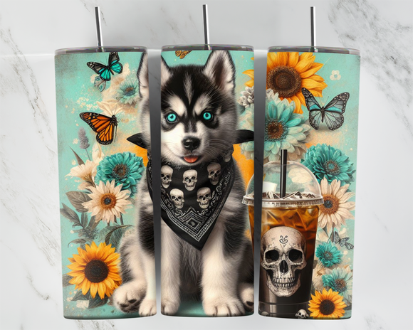 Husky Puppy with Bandana and a coffee - Sunflowers and Butterflies - 20oz Tumbler