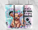 I'm not a hot mess, I'm a spicy Disaster - Highland Cow with purple and mint sunflowers - 20oz Tumbler