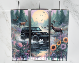 Jeep with Deer in forest with moon and flowers - 20oz Tumbler