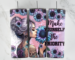 Make yourself the priority - Girl with tattoos with sunflowers - 20oz Tumbler