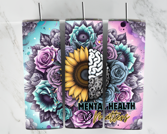 Mental Health Matters - Brain and Flowers - Purple and Mint - 20oz Tumbler