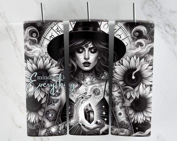 Mindset is Everything - Black and White - Girl with hat, Sunflowers and a Crystal - 20oz Tumbler