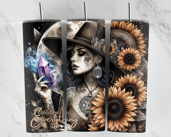 Mindset is Everything - Girl with hat, Sunflowers and a Crystal - 20oz Tumbler