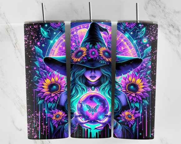 Neon Witch with Crystal ball and sunflowers - 20oz Tumbler