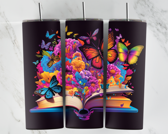 Open Book with Butterflies and Flowers coming out of it - Bright - 20oz Tumbler