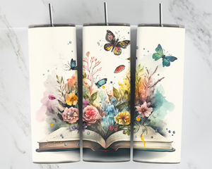 Open Book with Butterflies and Flowers coming out of it - 20oz Tumbler