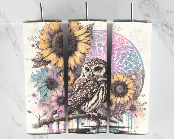 Owl with Sunflowers and Pastel Mandala - 20oz Tumbler