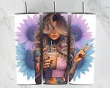 Peace Sign - Girl with Ice Coffee with Pastel sunflowers - 20oz Tumbler