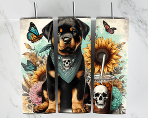 Rottweiler Pup with bandana, sunflowers, butterflies and coffee - 20oz Tumbler