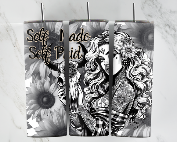 Self Made Self Paid - Girl with cow skull and sunflowers - 20oz Tumbler