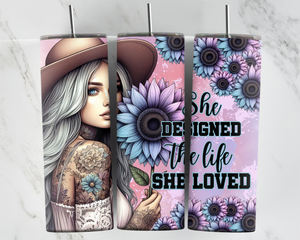 She designed the life she loved - Boho girl with hat and sunflowers - 20oz Tumbler