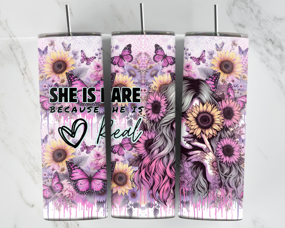 She is Rare because she is real - Girl with sunflowers and butterflies - Pink - 20oz Tumbler