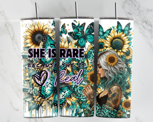 She is Rare Because she is real - Girl with sunflowers and butterflies - green - 20oz Tumbler