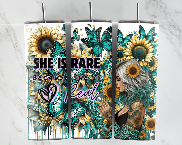 She is Rare Because she is real - Girl with sunflowers and butterflies - green - 20oz Tumbler