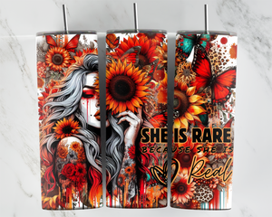 She is Rare Because she is real - Girl with sunflowers and butterflies - orange - 20oz Tumbler