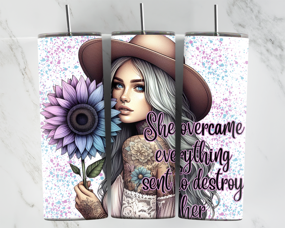 She overcame everything sent to destroy her - Boho girl with hat and sunflower - 20oz Tumbler