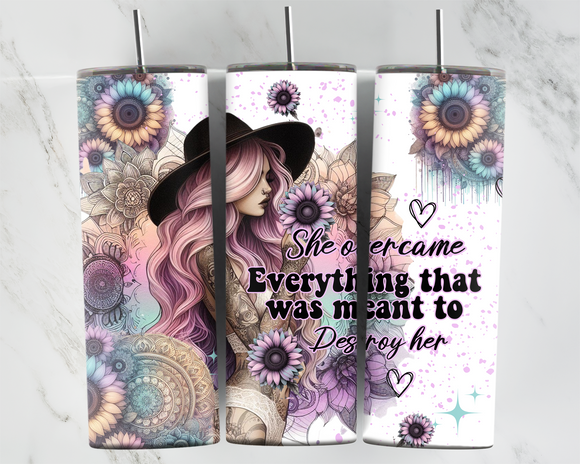 She overcame everything that was meant to destroy her - Boho girl with hat, sunflowers and mandalas - 20oz Tumbler