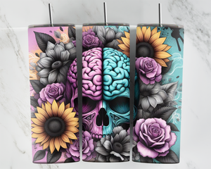 Skull showing Brain with flowers - Purple and Mint - Mental Health - 20oz Tumbler