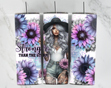 Stronger than the Storm - Boho Girl with hat and sunflowers - 20oz Tumbler