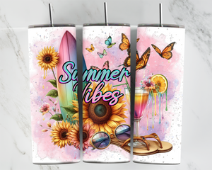 Summer Vibes - thongs, glasses, surfboard, sunflowers and butterflies - 20oz Tumbler