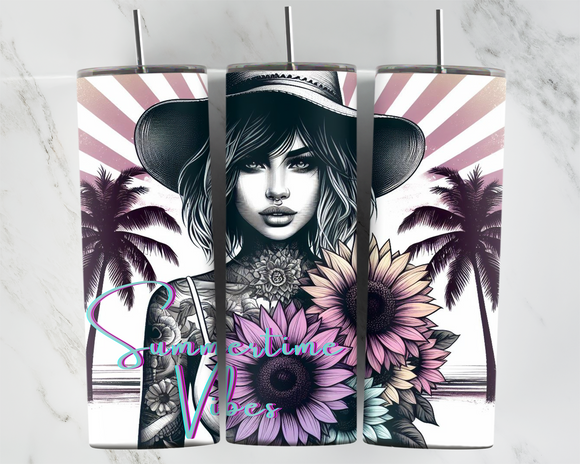 Summertime Vibes - Girl with hat and sunflowers - 20oz Tumbler