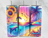 Sunset beach with dolphins, sunflowers and palms with a girl on the beach - 20oz Tumbler