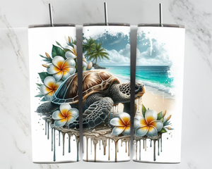 Turtle on Beach - Yellow frangipani - 20oz Tumbler