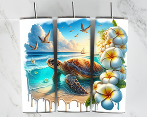 Turtle on beach with birds - yellow frangipani - 20oz Tumbler