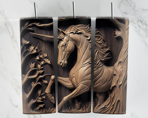 Unicorn in a wood carved art - 20oz Tumbler